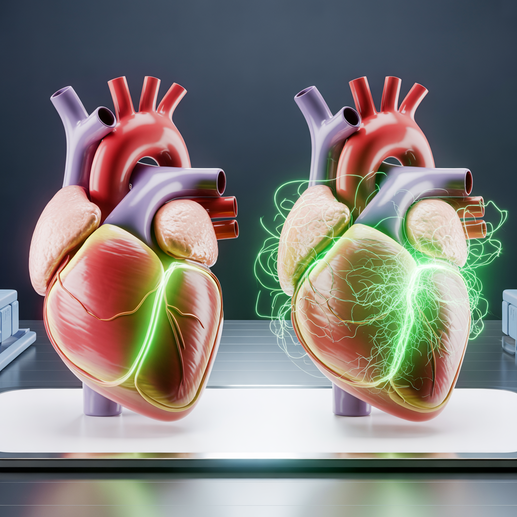Two anatomical hearts side by side. The left heart shows a clean, coordinated electrical conduction pattern in green, representing normal sinus rhythm. The right heart shows chaotic, scattered electrical activity, representing atrial fibrillation.