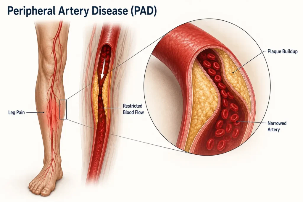 Labeled illustration of peripheral artery disease: a leg with pain in the calf, an artery with restricted blood flow, and a magnified view of plaque buildup narrowing the artery.