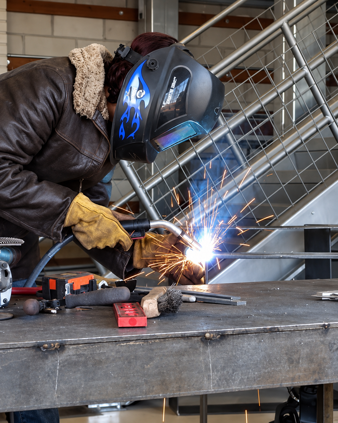 Close-up of a person wearing protective gloves and holding a tool, grinding or welding metal, with bright sparks flying off the work surface.