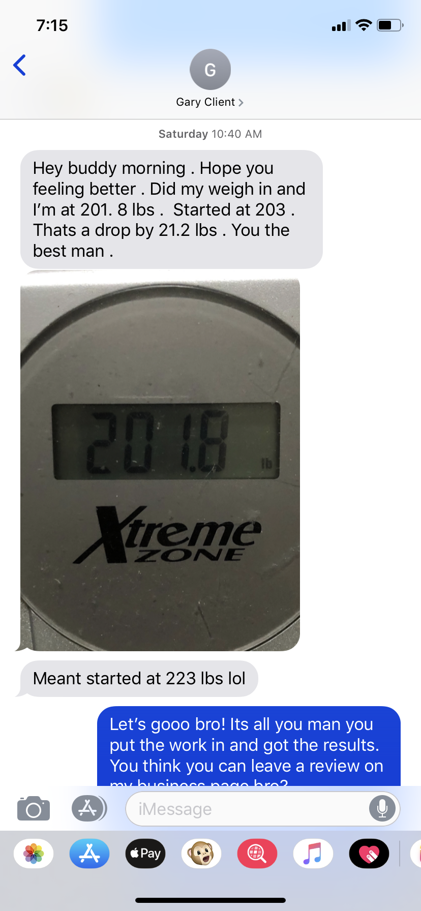 Gary’s original messages reporting 201.8 lb, 21.2 lb lost, and correcting his starting weight to 223 lb, with scale photo.