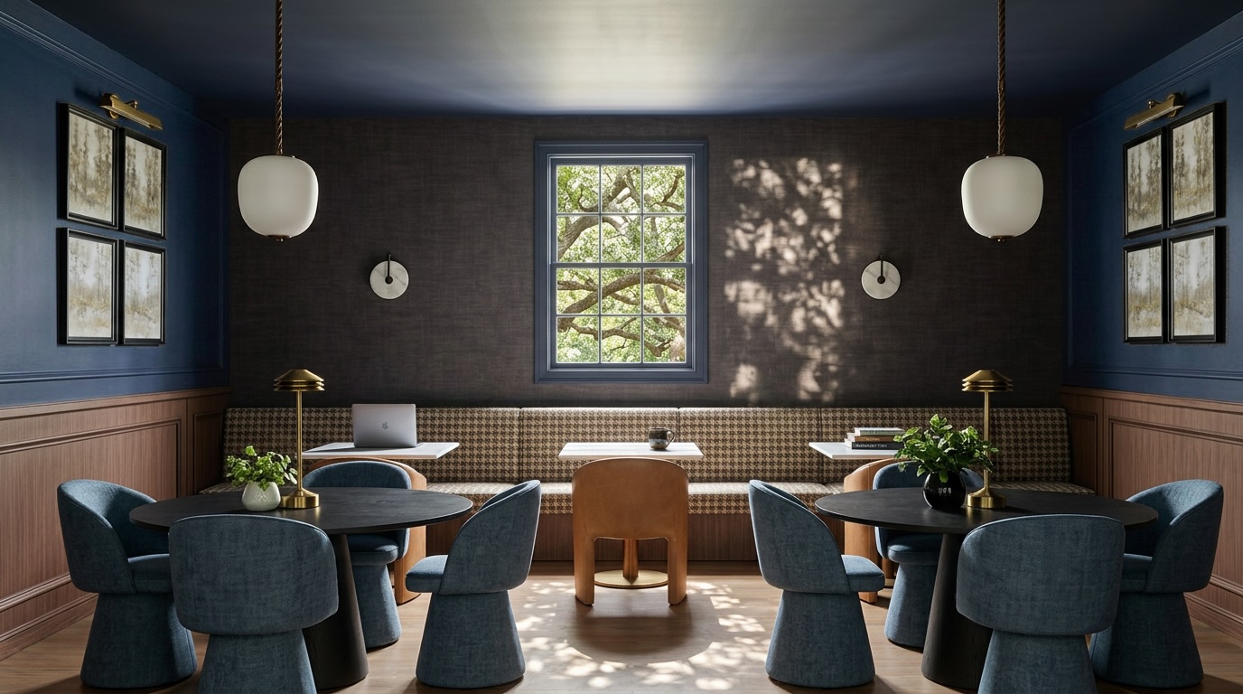 Rendering of the Simpl Club collaboration room with warm oak tables and terracotta chairs