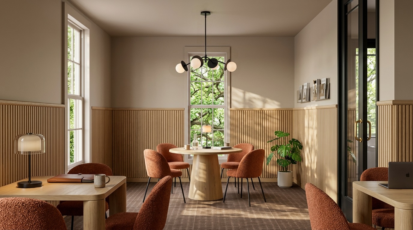 Rendering of private work booths with upholstered seating and pendant lighting