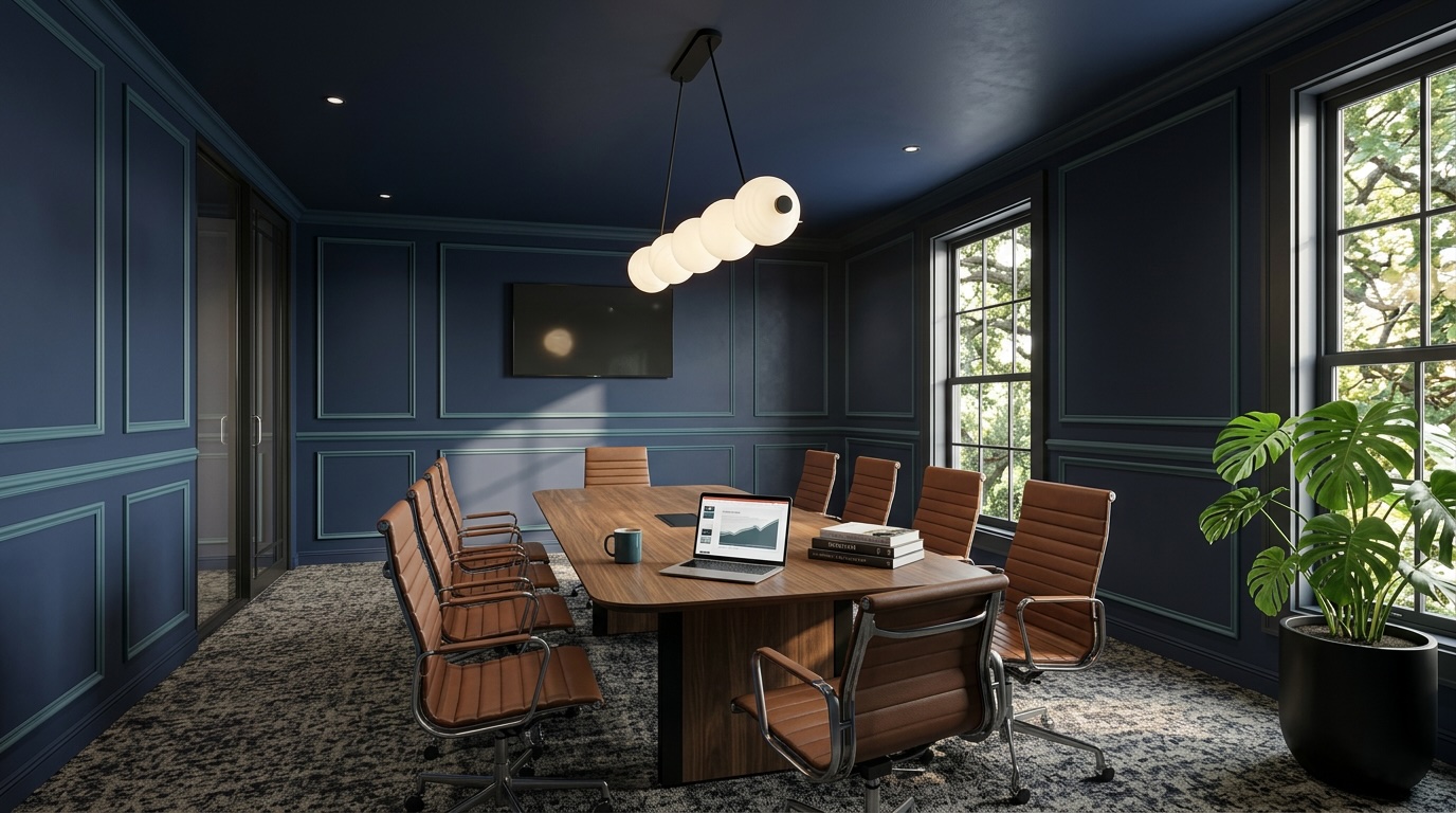 Rendering of the coworking space with navy walls, banquette seating, and brass table lamps