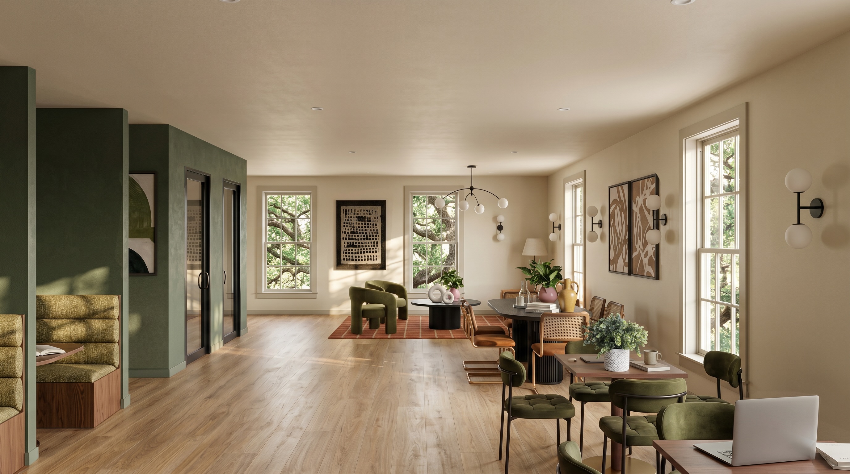 Rendering of the Study Hall with green velvet chairs, booth seating, and natural light