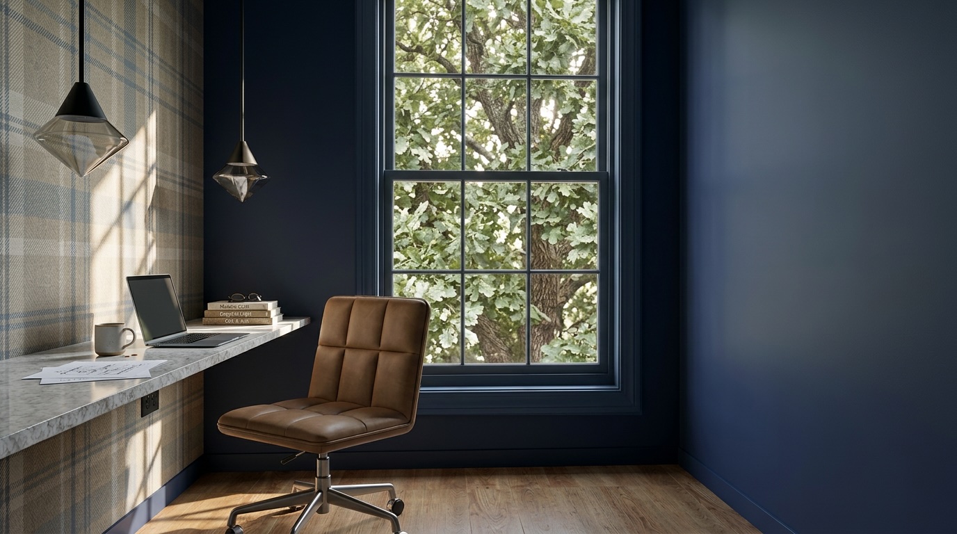 Rendering of the boardroom with a walnut conference table and leather chairs in a navy room