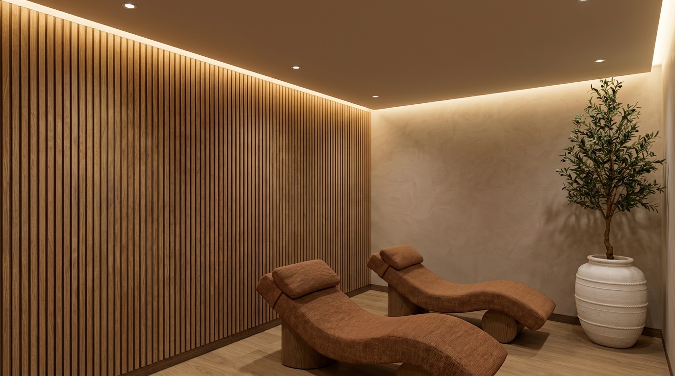 Rendering of the Zen Den with chaise lounges, oak slat walls, and soft ambient lighting
