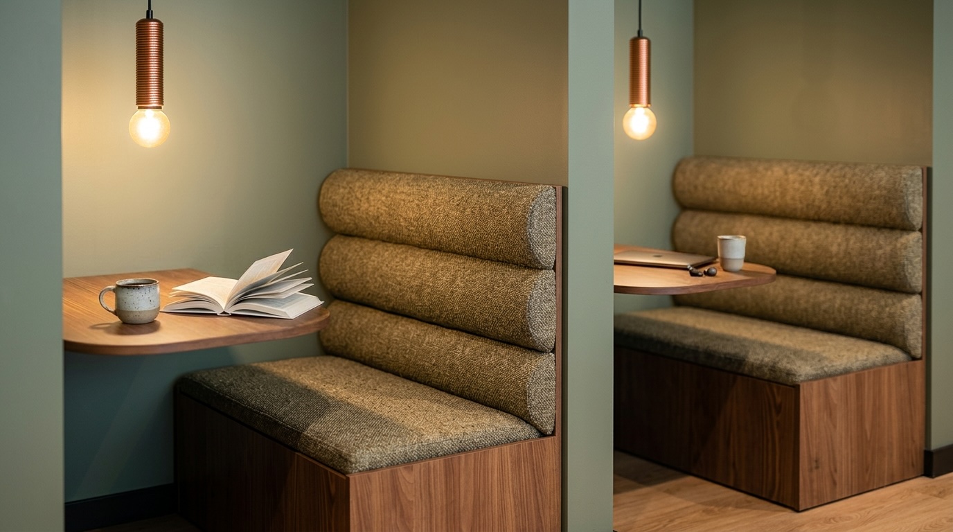 Rendering of a private phone booth with a marble desk, leather chair, and plaid acoustic wall