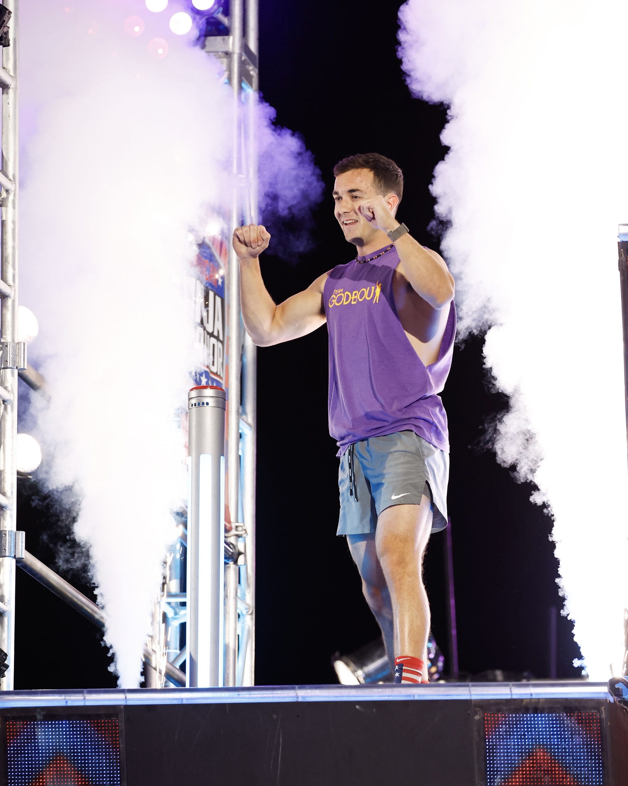 Jonathan Godbout celebrating on American Ninja Warrior