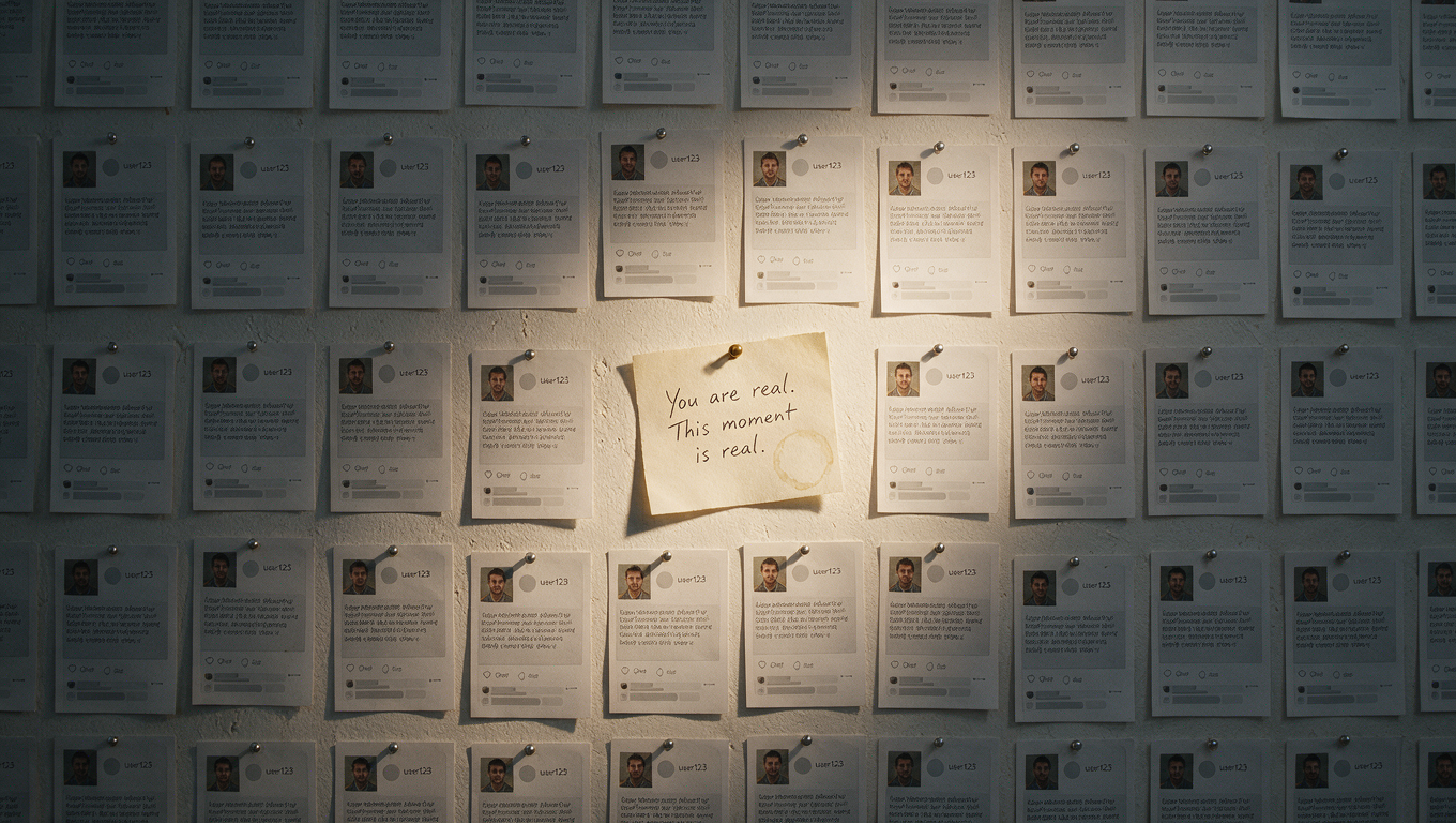 A wall of identical AI-generated posts with one handwritten note standing out