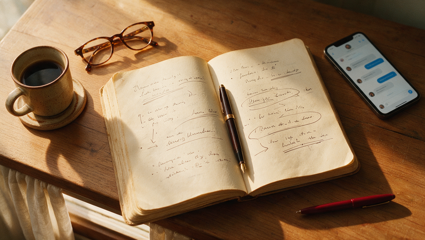 An open notebook of handwritten notes with coffee and a phone — real moments captured