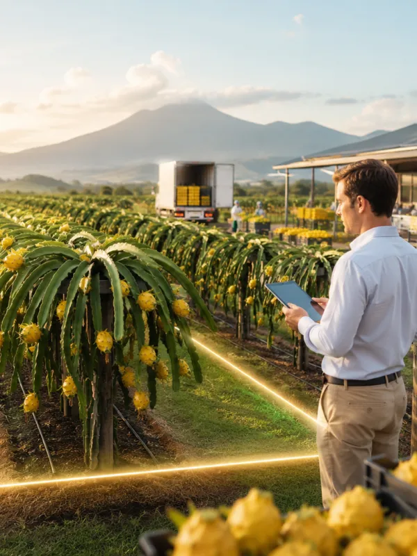 Productor revisando el cultivo de pitahaya