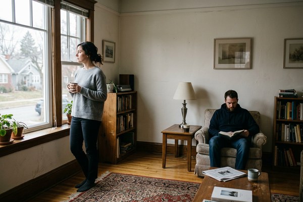 Couple in the same room not looking at each other