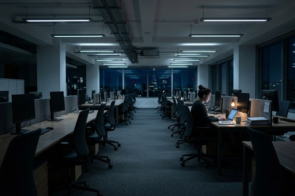 One person remaining at their desk in an empty office