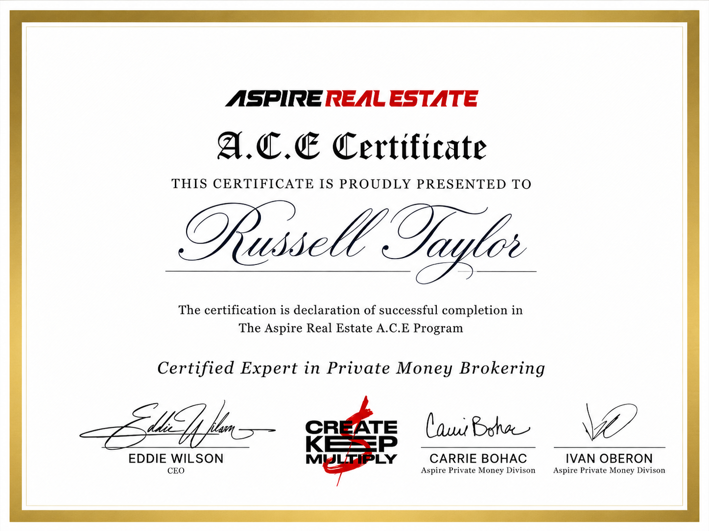 Russell Taylor Aspire Real Estate A.C.E. Certificate for Private Money Brokering