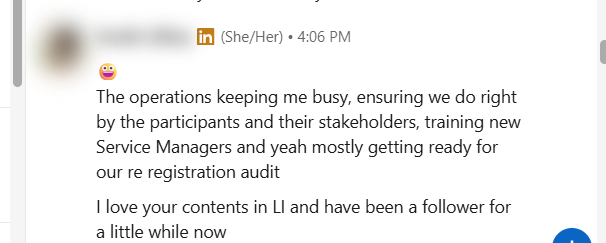 Blurred LinkedIn message from a home care provider director preparing for a re-registration audit