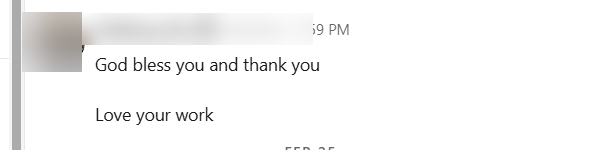 Blurred LinkedIn message from an SDA provider thanking Loma for her work