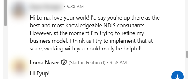 Blurred LinkedIn message from a provider director praising MAGNA's NDIS consulting