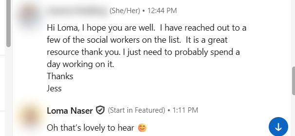 Blurred LinkedIn message from a behaviour support practitioner
