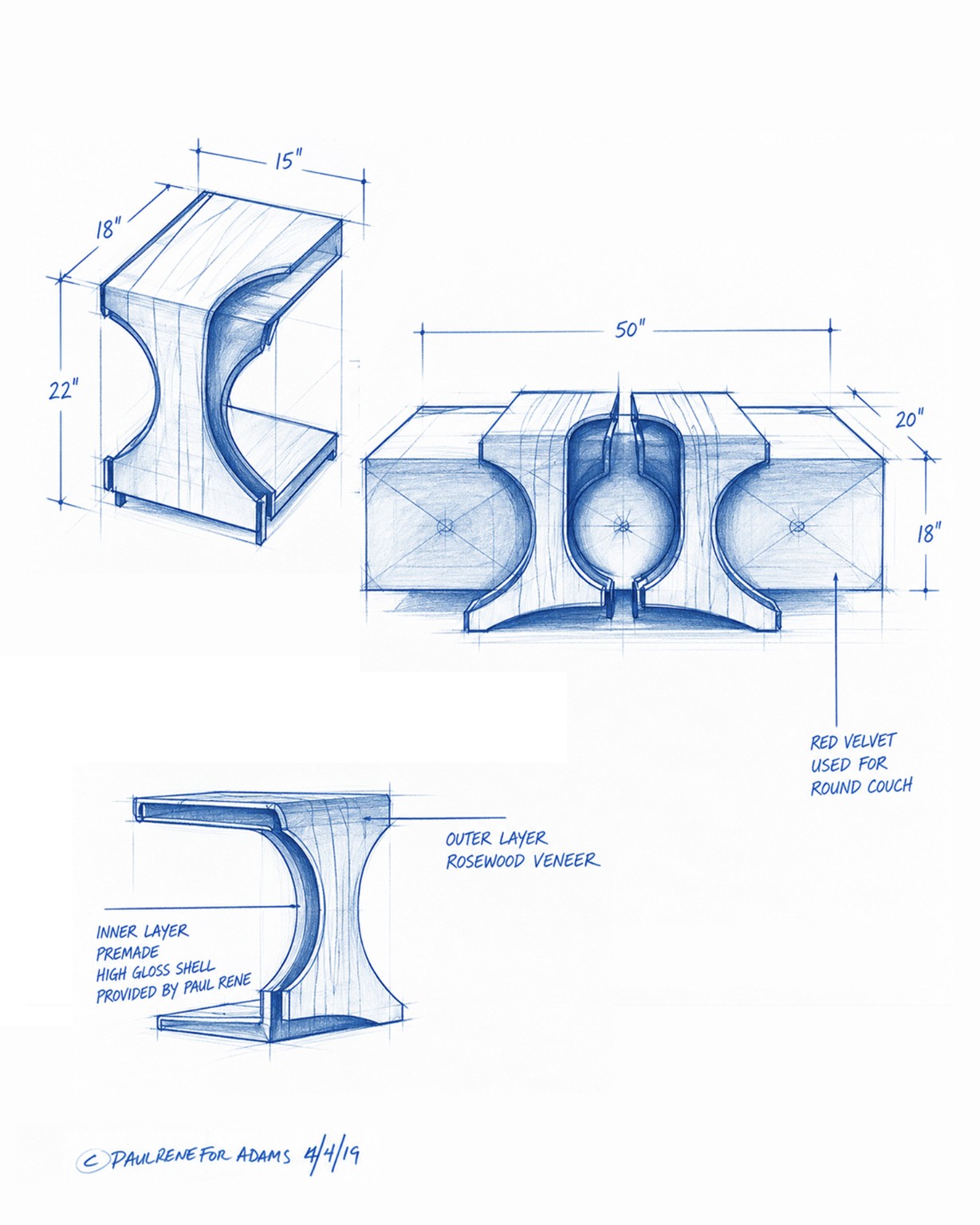 Paul Rene design sketch showing curved rosewood furniture forms and dimensions