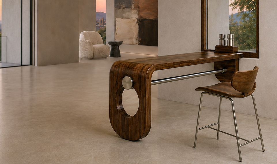 Paul Rene sculptural walnut bar and stool