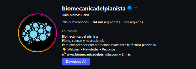 Perfil de Instagram de Juan Marcos Cano, biomecanicadelpianista