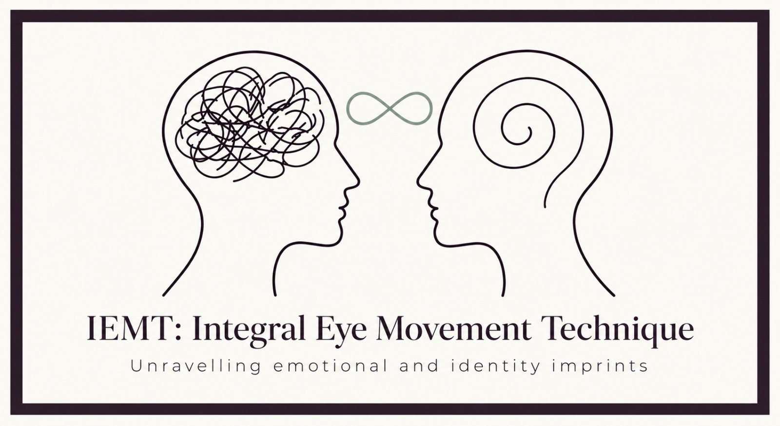 Illustration of two profiles: one mind tangled, the other an ordered spiral, joined by the IEMT infinity symbol
