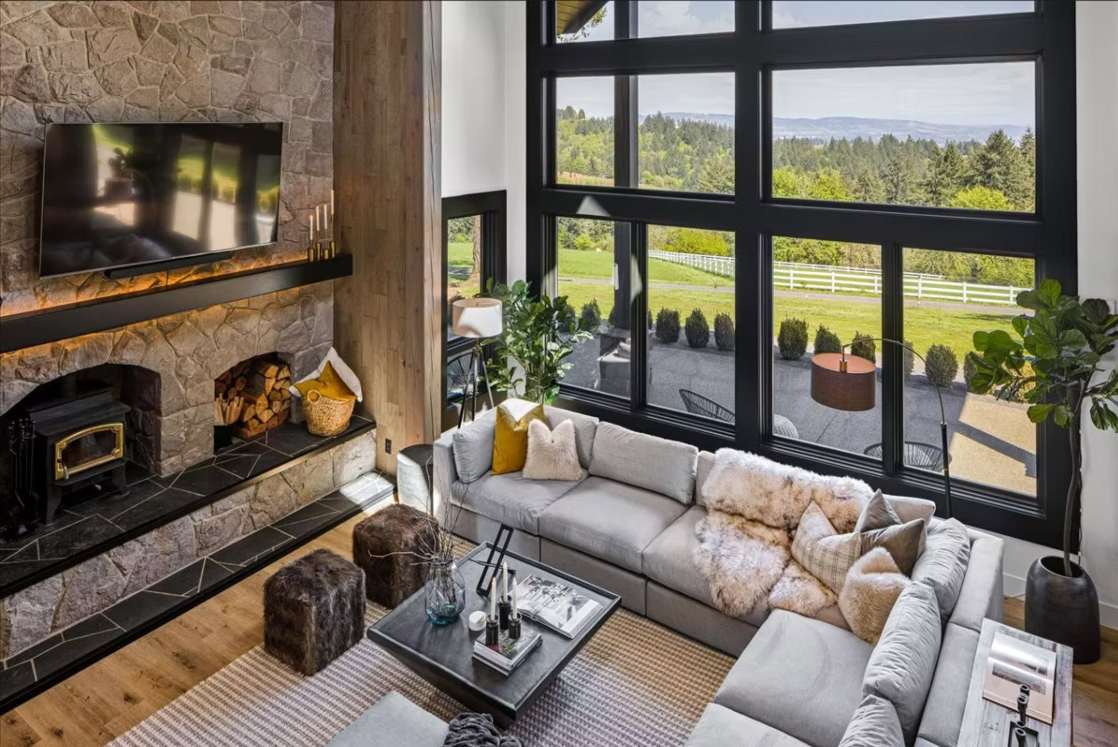 Great room with fireplace and valley view