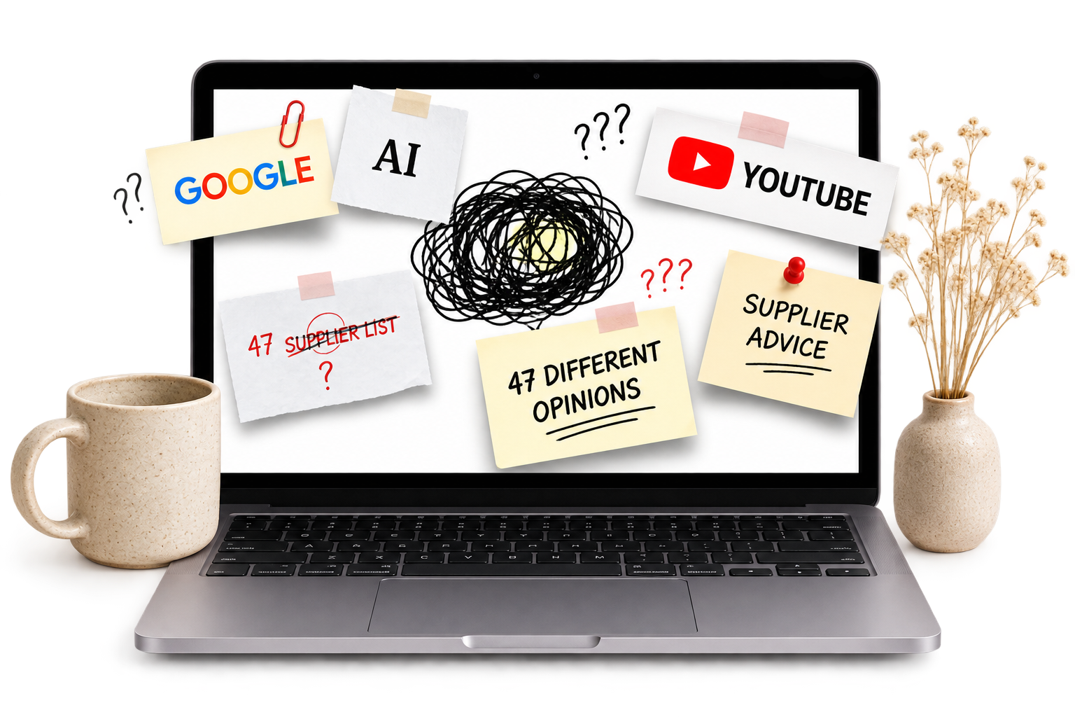 Laptop surrounded by sticky notes reading Google, AI, YouTube, supplier advice and 47 different opinions