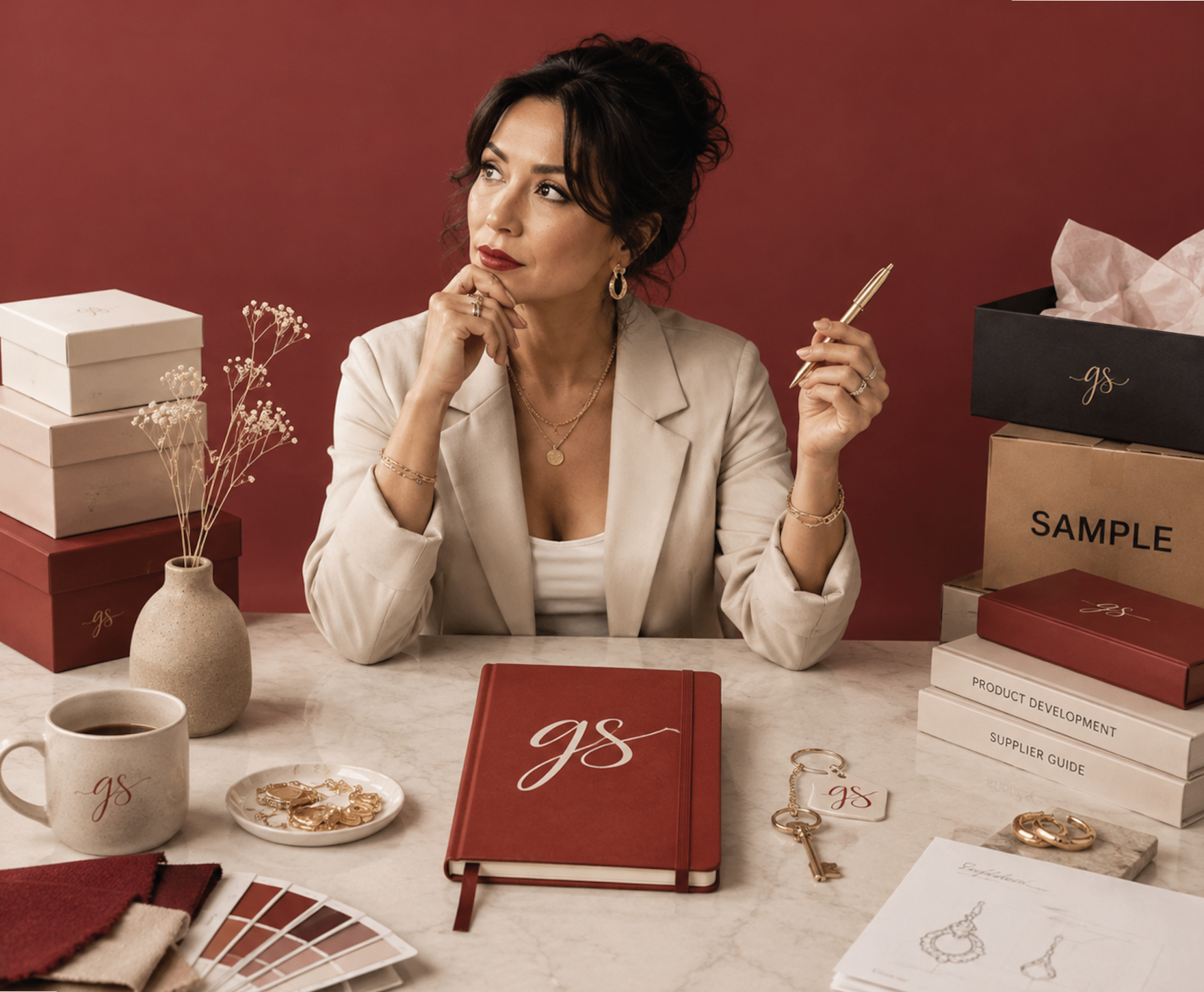 Woman sitting thoughtfully at a table surrounded by sample boxes