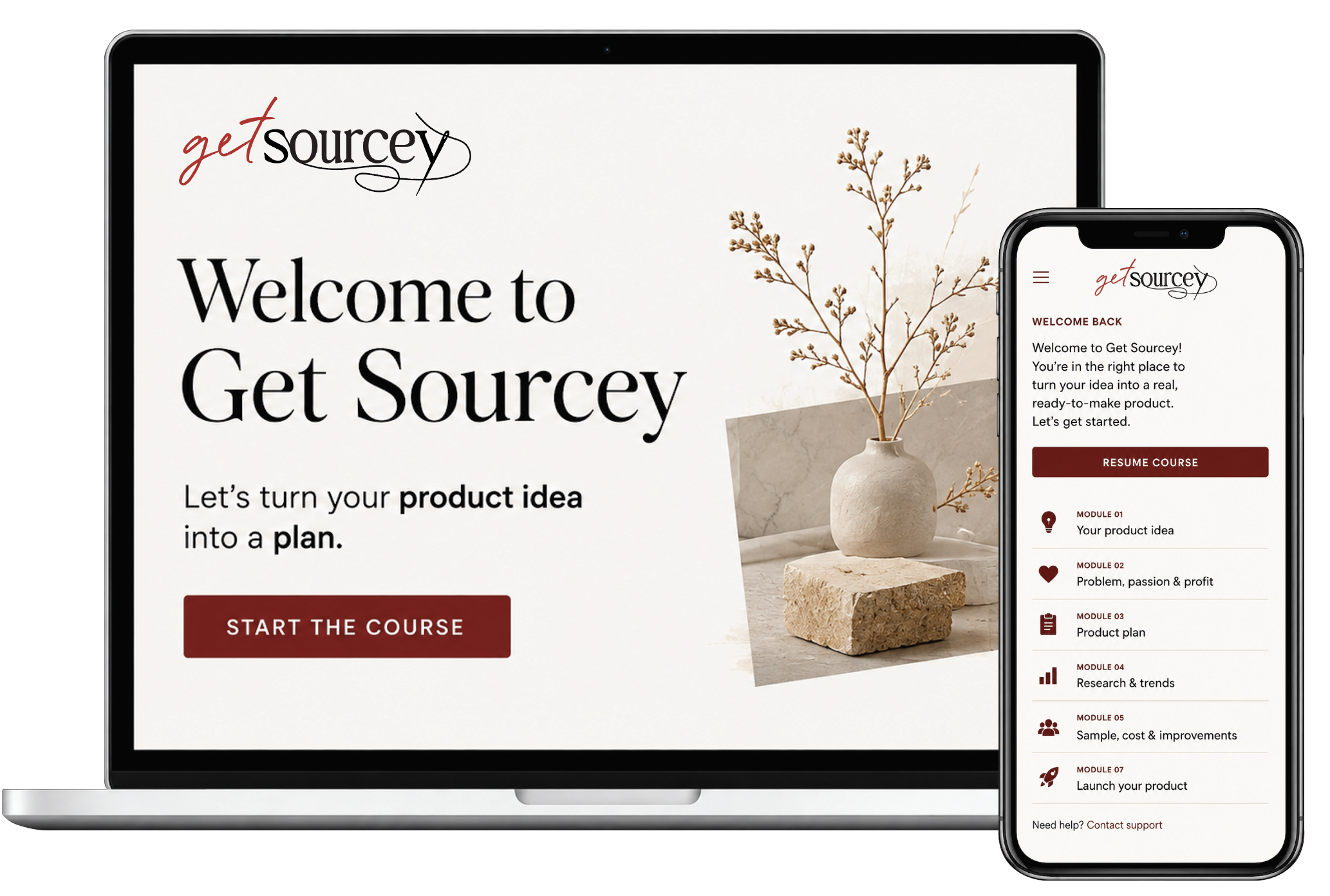 Laptop and phone showing the Get Sourcey course dashboard preview