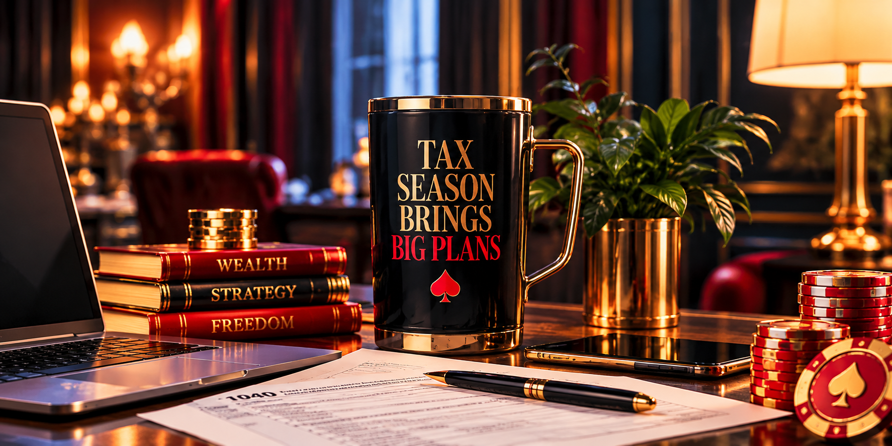Luxury tax preparation workspace with a laptop, tax documents, gold accents and Tax Season Brings Big Plans mug