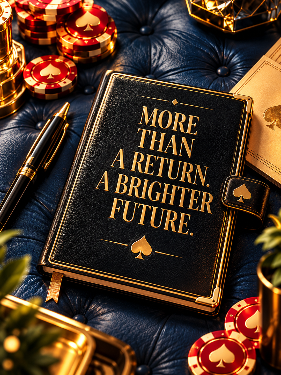 Luxury black leather journal featuring the message More Than a Return. A Brighter Future.