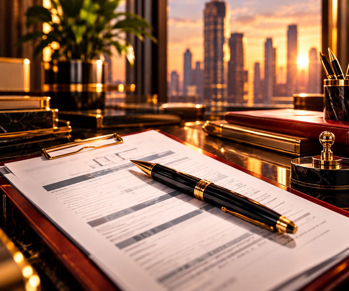 Business filing documents on executive desk