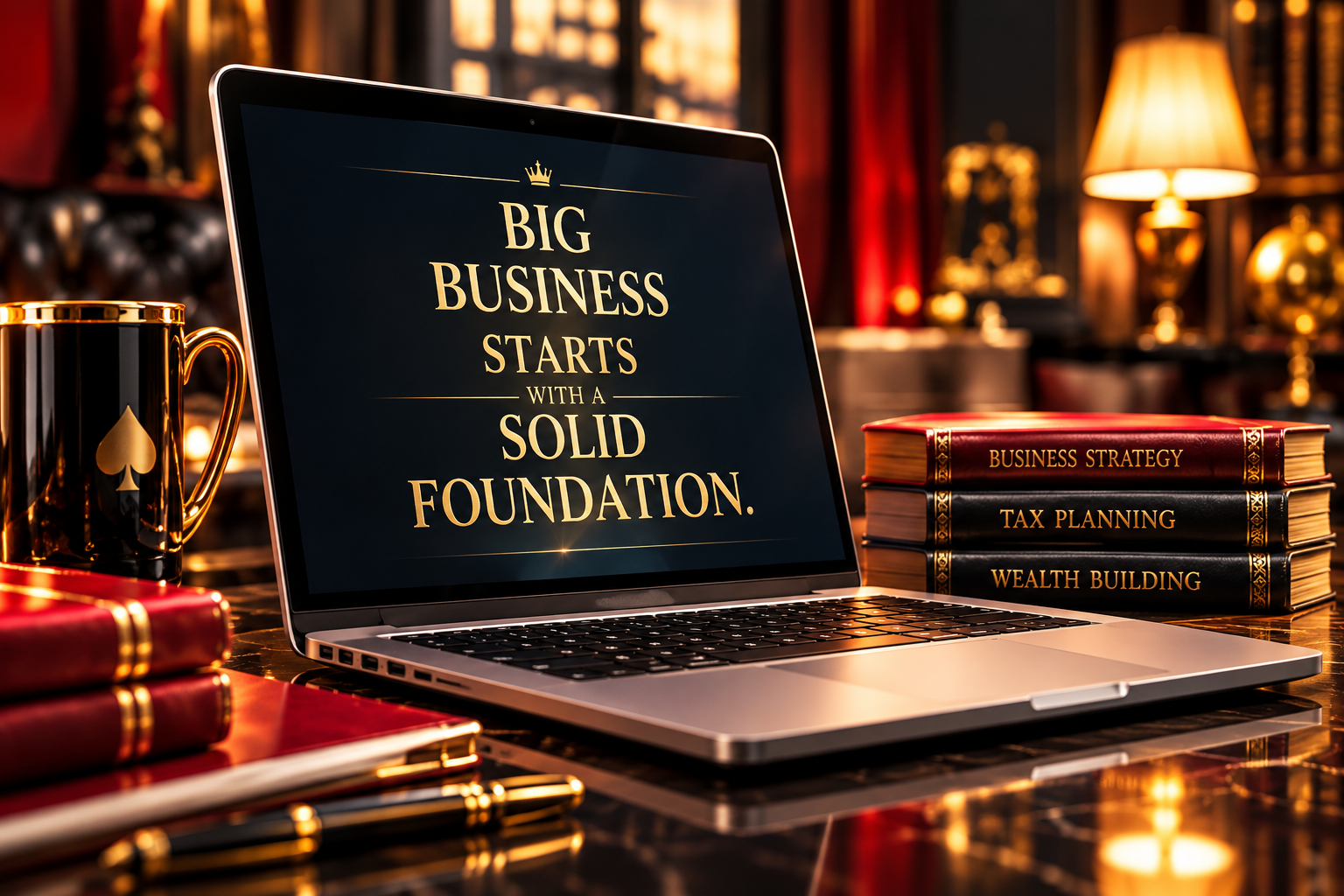 Luxury business workspace with laptop displaying Big Business Starts With a Solid Foundation