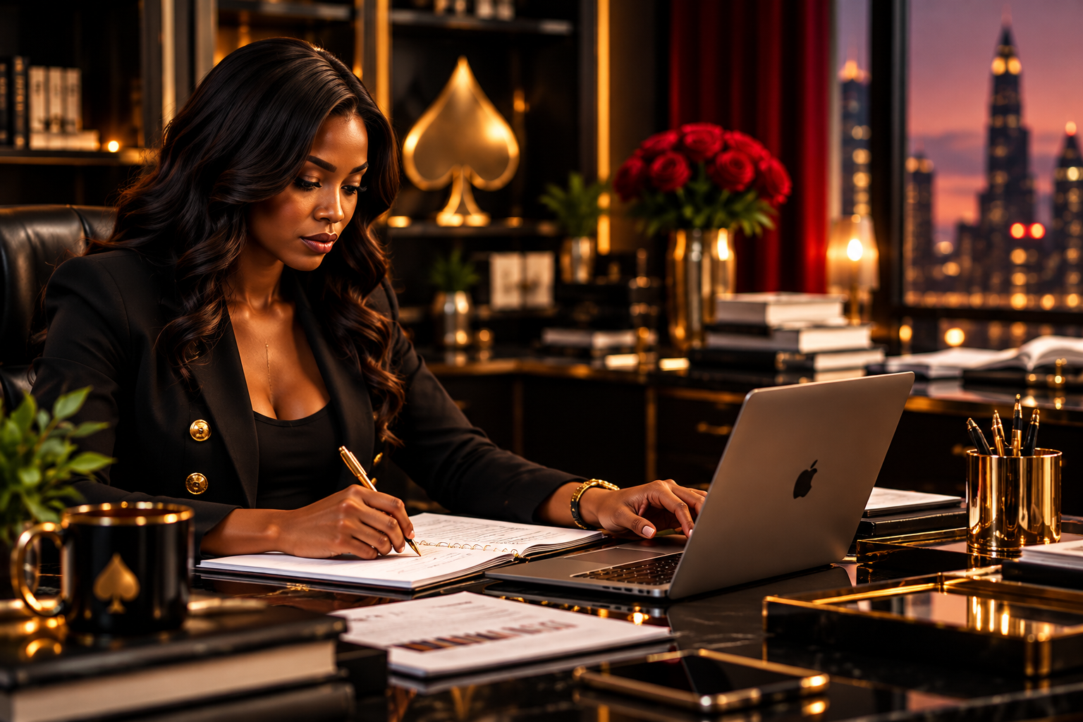 Business professional reviewing financial records and bookkeeping documents at her desk