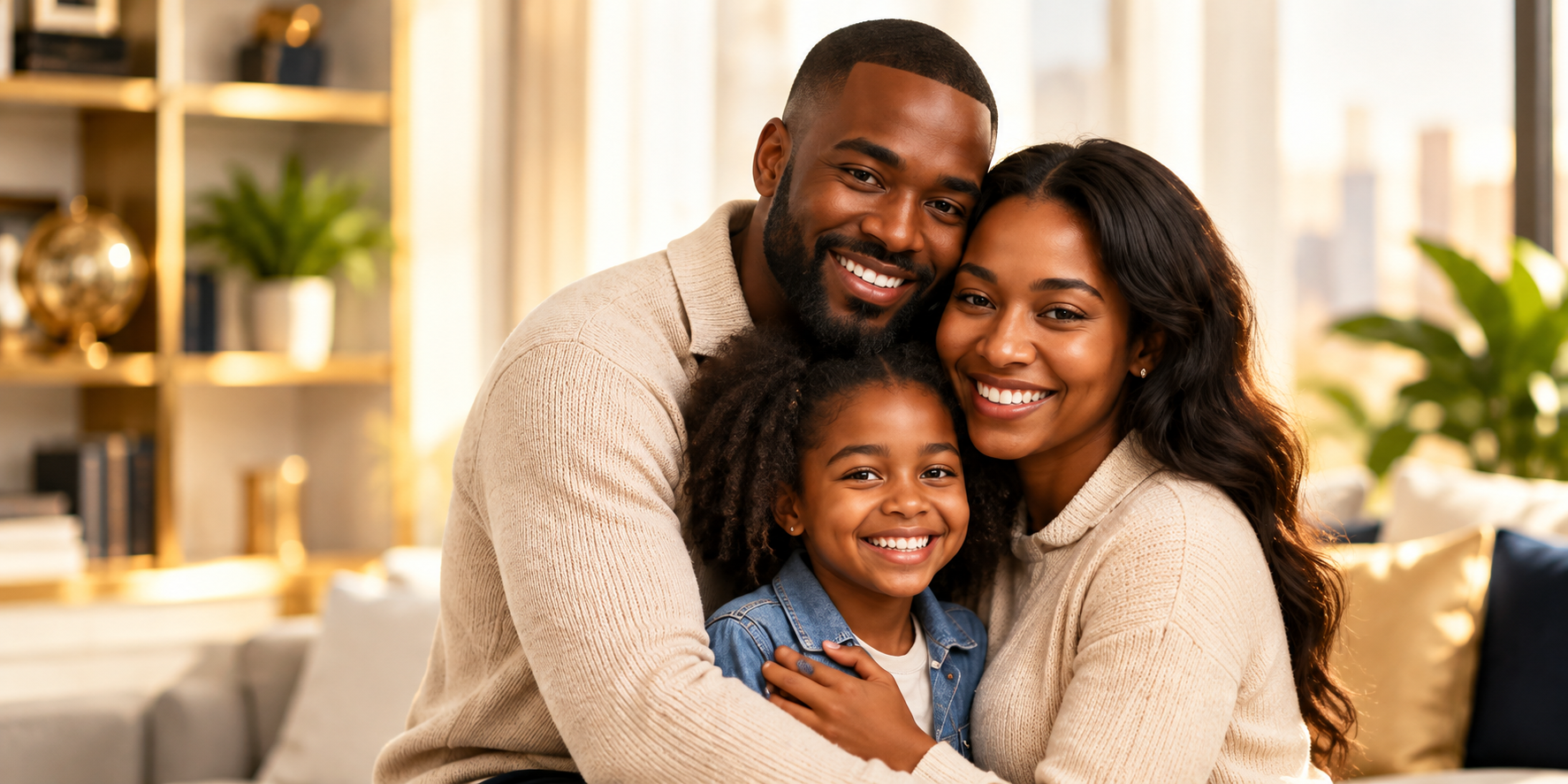 Happy family embracing together at home