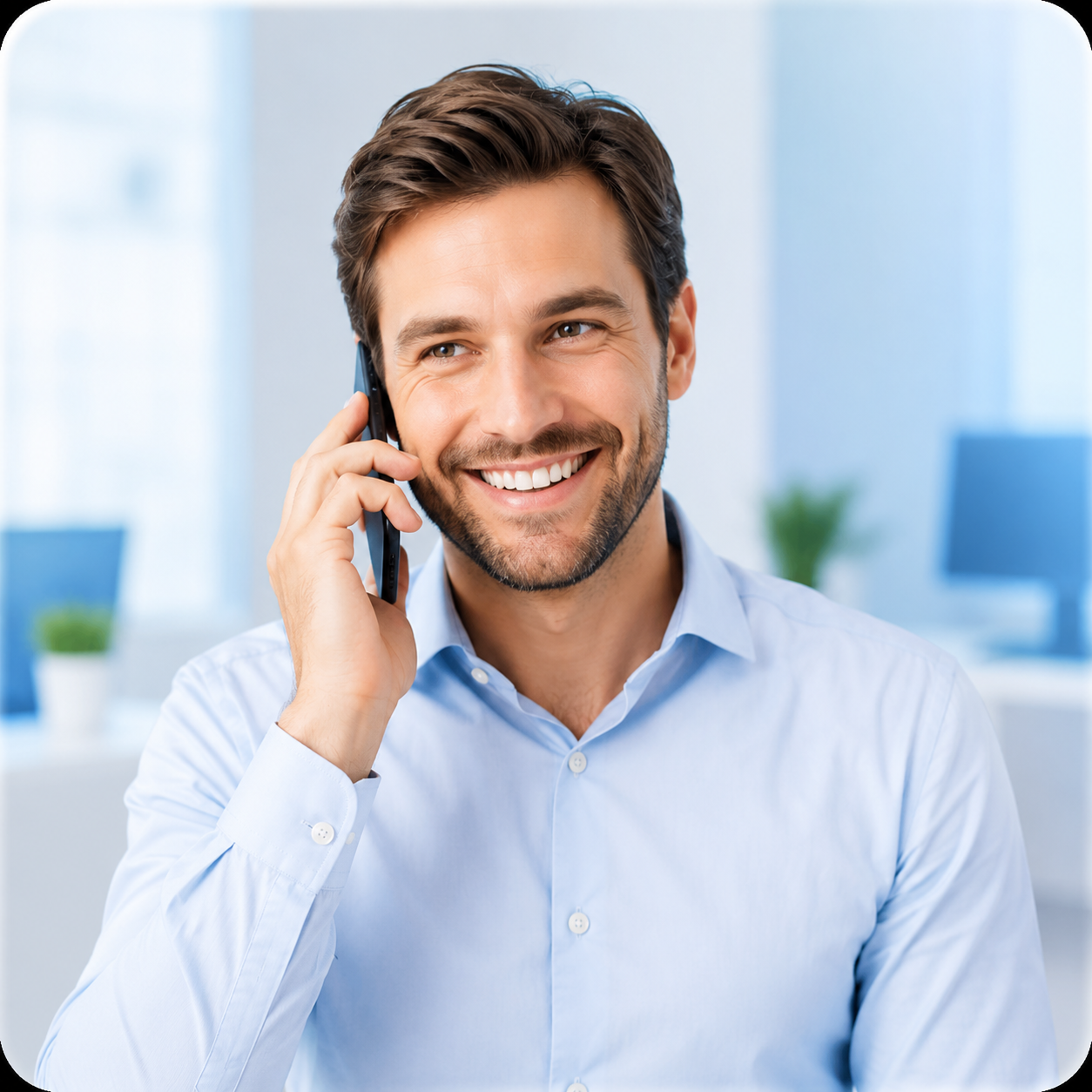 Business owner smiling while talking on the phone