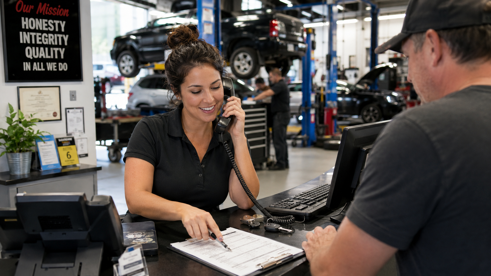 Female auto repair service advisor helping a customer at the front desk while speaking on the phone