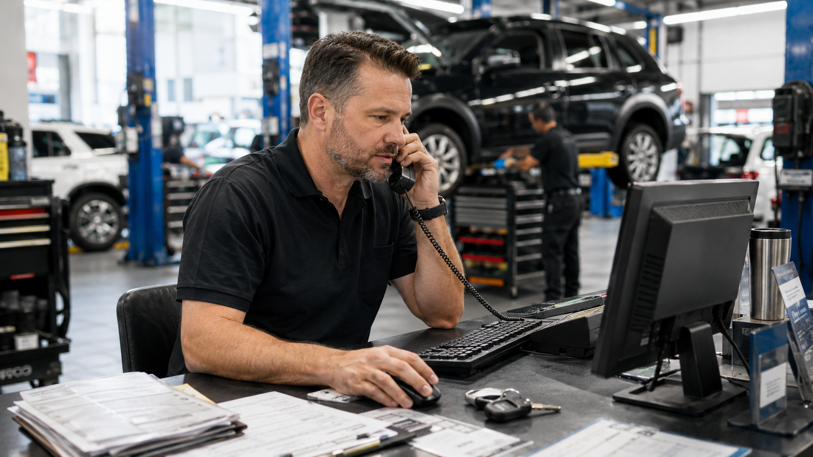Auto repair shop owner reviewing calls and shop information on a computer while speaking on the phone