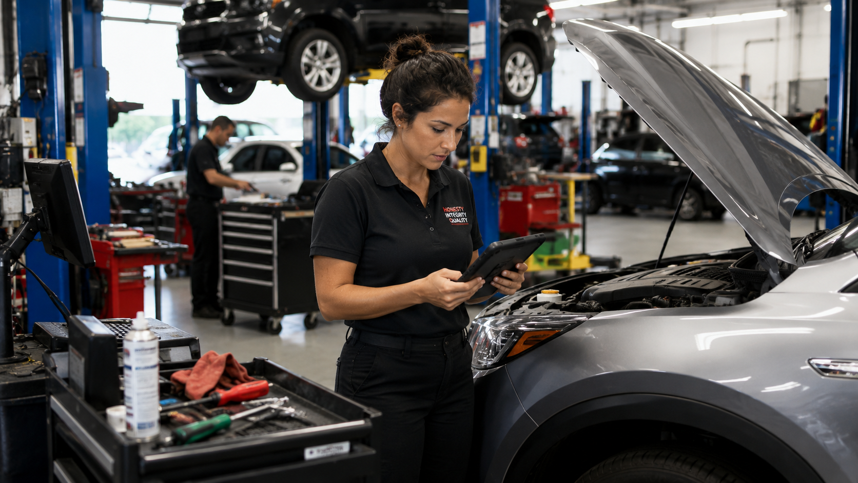 Female auto repair service advisor reviewing customer and vehicle details on a tablet beside a vehicle in the service bay