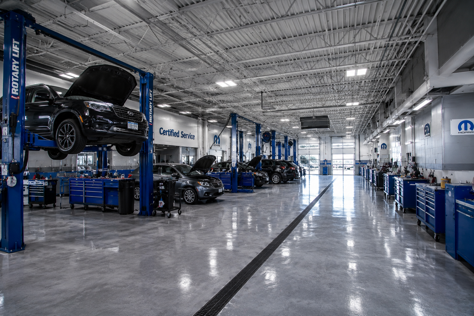 Bright modern auto repair shop with multiple service bays, technicians, lifts, and vehicles being serviced