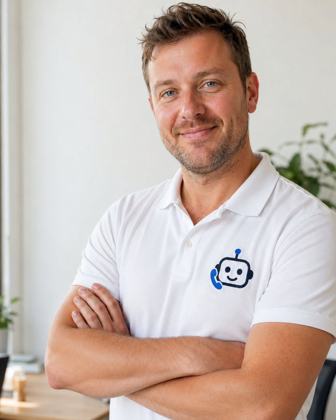BizAssistant team member in a company polo, arms crossed in a bright office