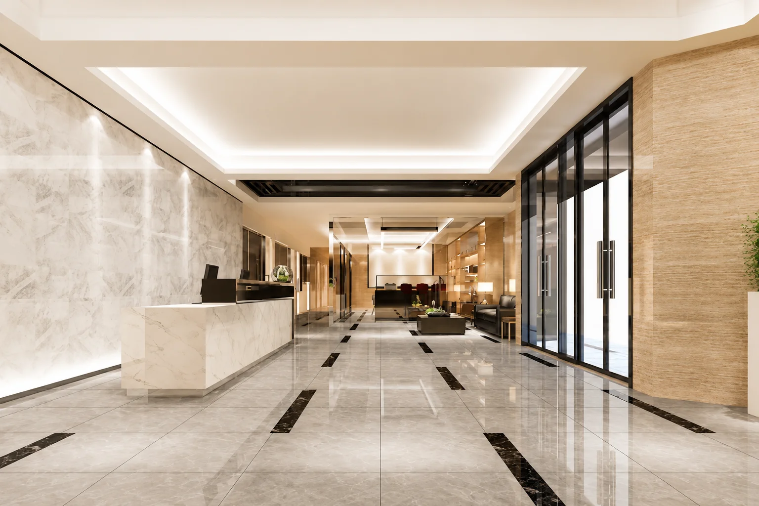 A modern luxury office lobby with a marble reception desk, glossy tiled floor, and lounge seating.