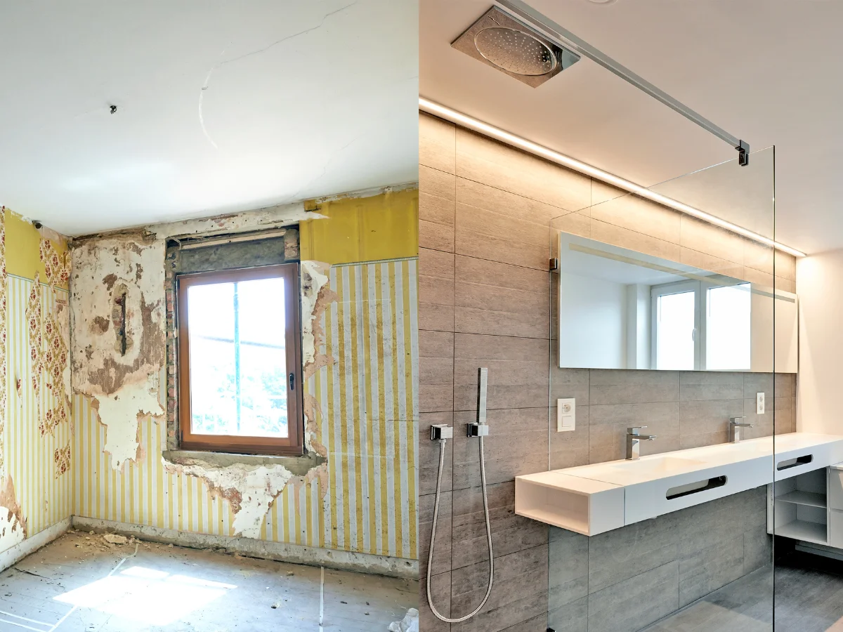 A split image showing a dilapidated room with peeling wallpaper and an old window on the left, and a modern, renovated bathroom with sleek fixtures, a floating vanity, and tiled walls on the right.
