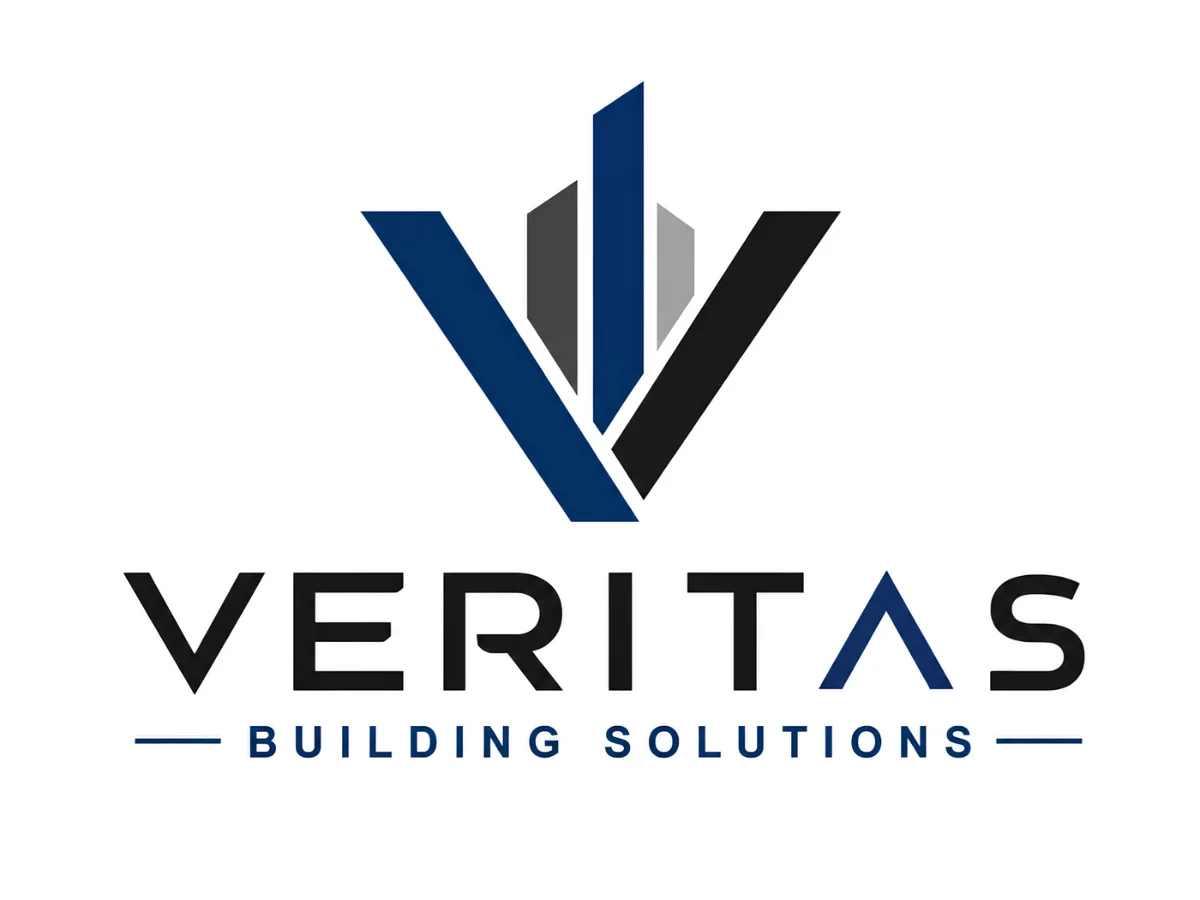 The Veritas Building Solutions logo features stylized blue, black, and gray skyscraper shapes forming a V above the company name.