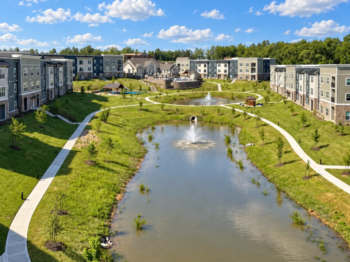 Aerial view of a modern residential community with apartment buildings, a lake with fountains, and winding pathways.