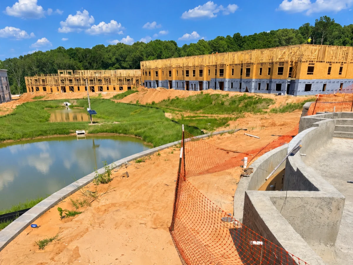 An aerial view of a construction site with wood-framed buildings, a retention pond, and concrete structures.
