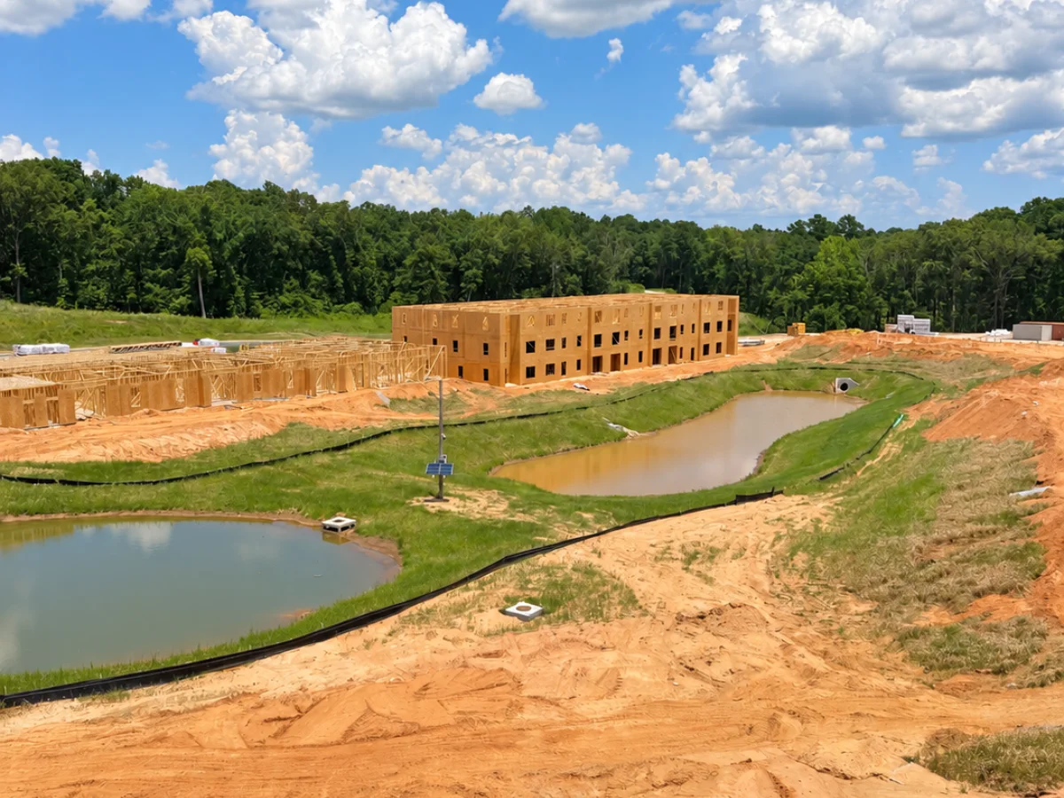 An aerial view of a residential construction site with framed buildings, two retention ponds, and disturbed orange earth.