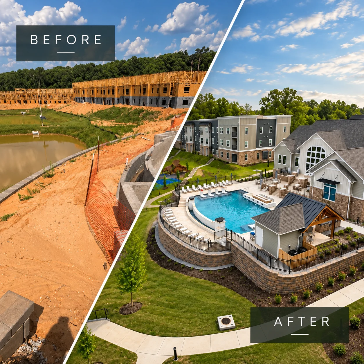 A split image shows a construction site with building frames and dirt (before) transformed into a modern apartment complex with a pool and landscaping (after).