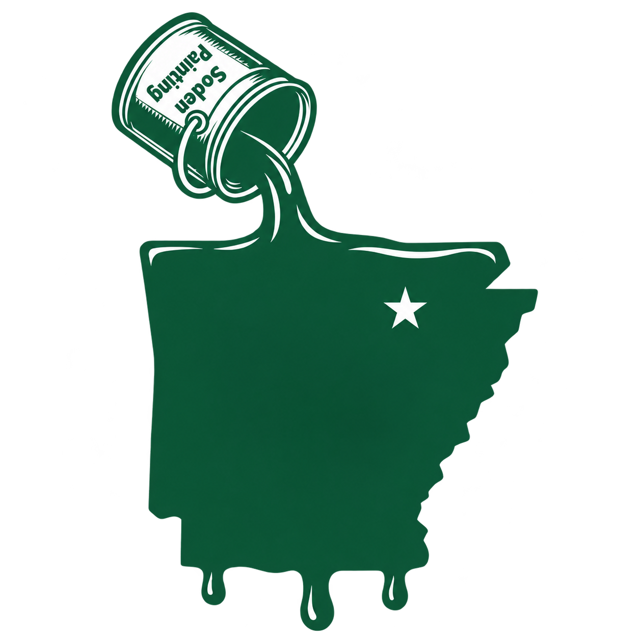 A tilted can with a Soden Painting label pours green paint over Arkansas, with a white star near Tuckerman
